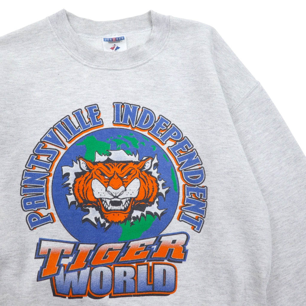 JERZEES Anni '90 Felpa stampata M Grigio Cotone TIGER WORLD Prodotto in Honduras