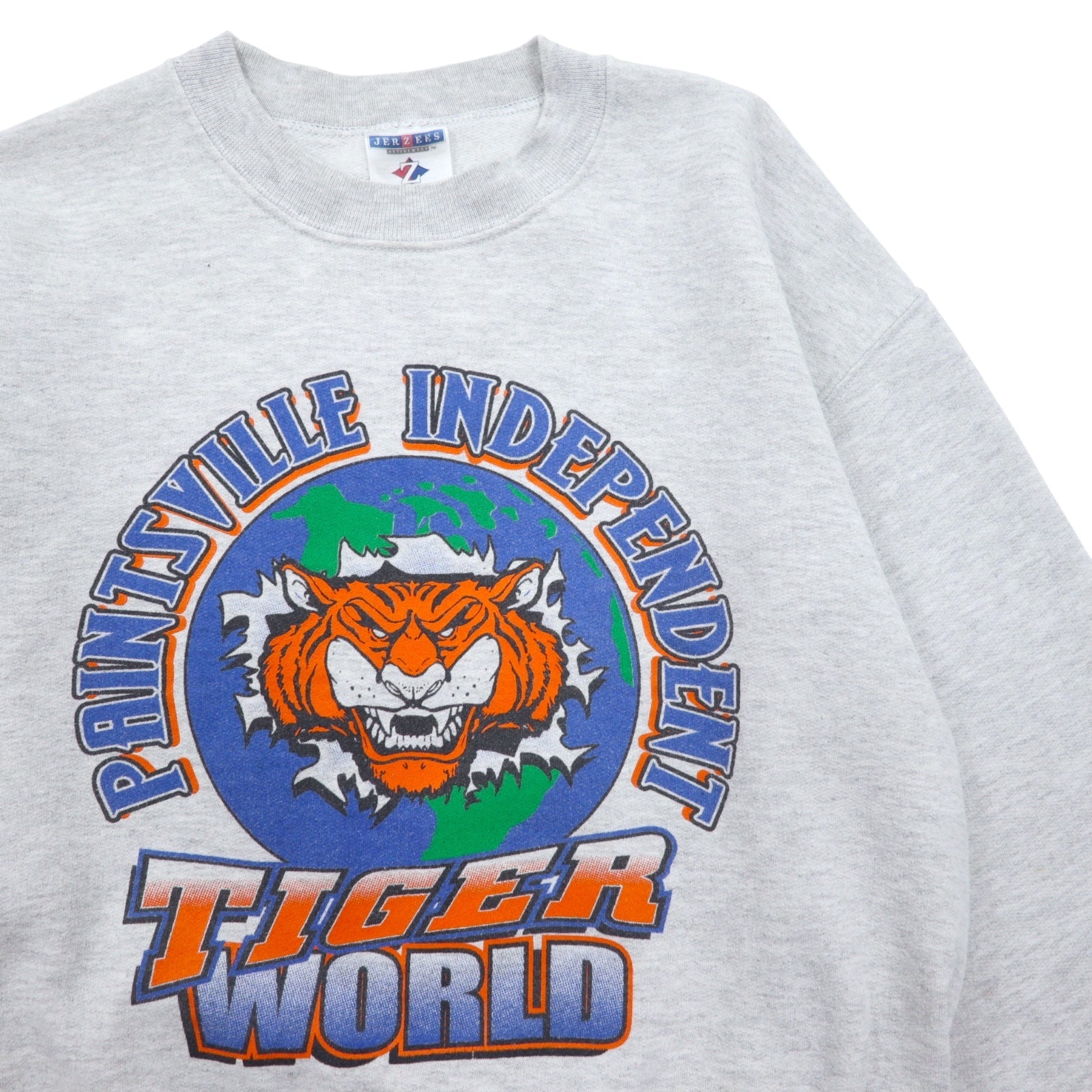 JERZEES Anni '90 Felpa stampata M Grigio Cotone TIGER WORLD Prodotto in Honduras
