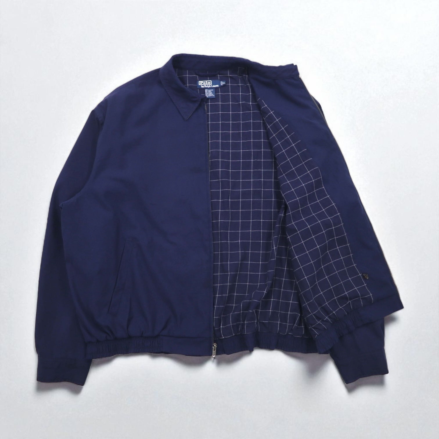 Polo by Ralph Lauren anni '90 swingtop giacca Harrington XL blu navy poliestere fodera a quadri ricamo pony piccolo