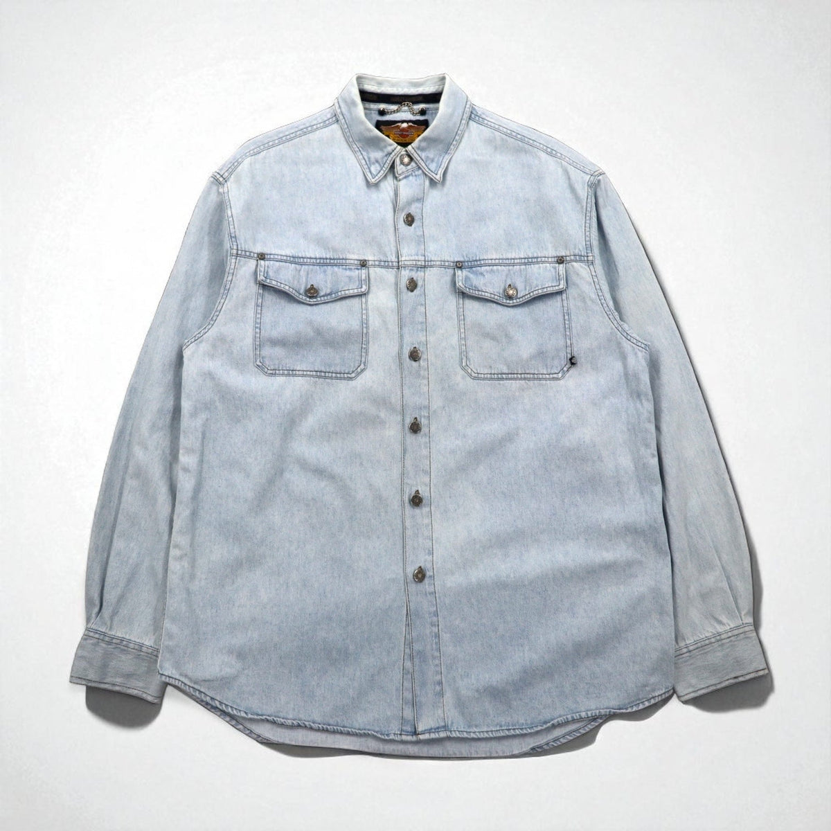 HARLEY DAVIDSON Camicia in denim slavato L blu chiaro cotone ricamo logo posteriore