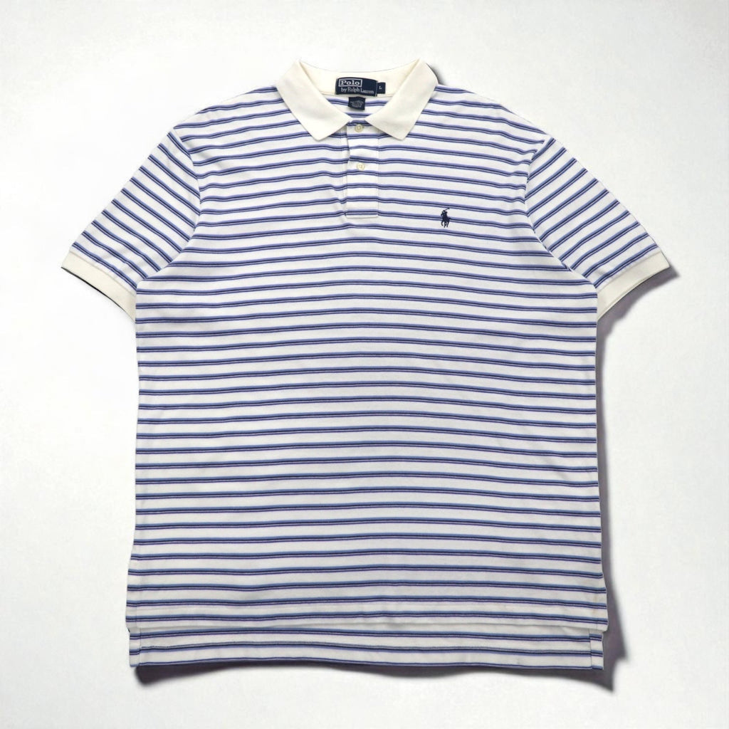 Polo by Ralph Lauren anni '90, maglietta polo a righe, taglia L, bianca e blu, in cotone con ricamo piccolo pony.
