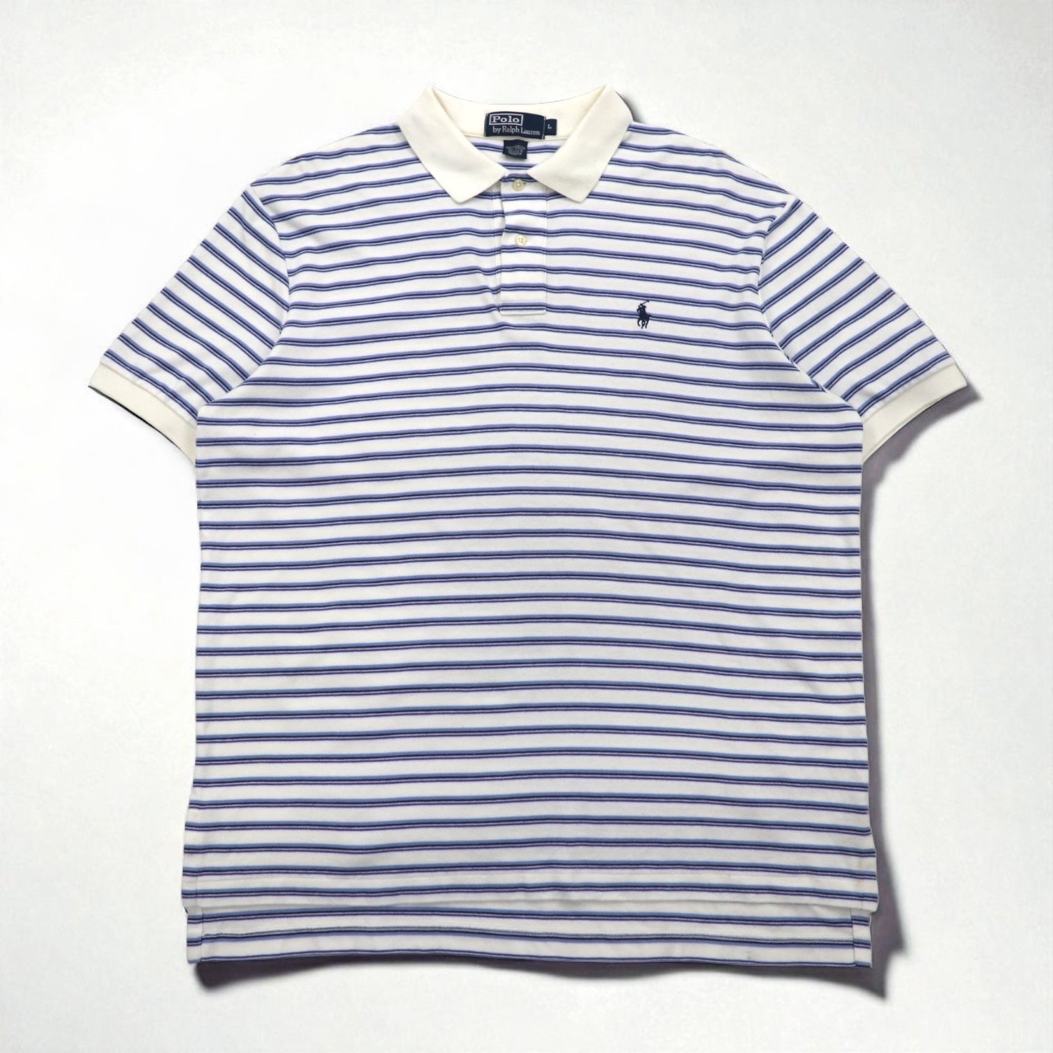 Polo by Ralph Lauren anni '90, maglietta polo a righe, taglia L, bianca e blu, in cotone con ricamo piccolo pony.