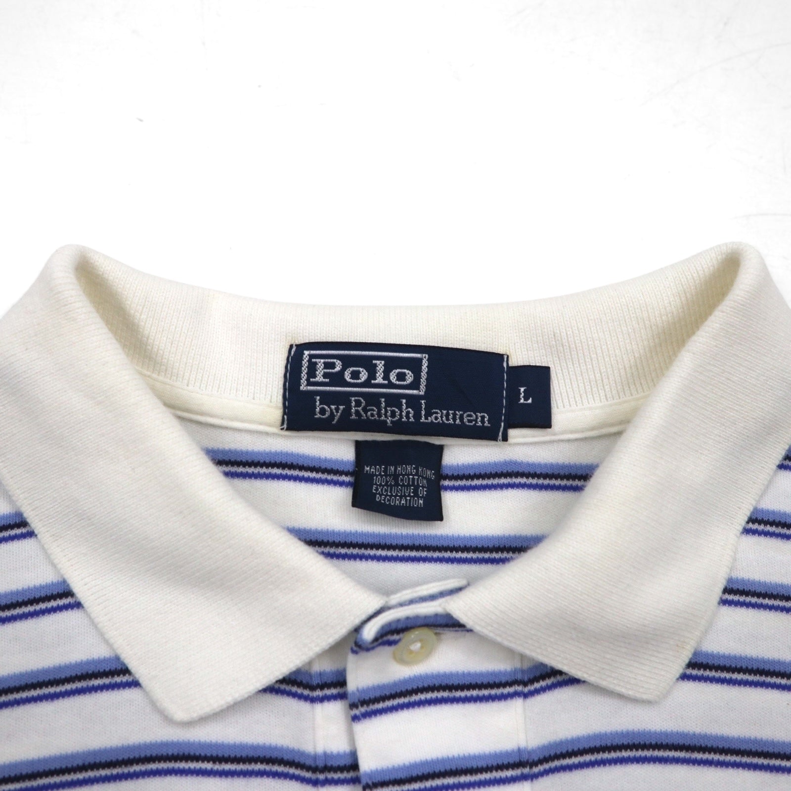 Polo by Ralph Lauren anni '90, maglietta polo a righe, taglia L, bianca e blu, in cotone con ricamo piccolo pony.