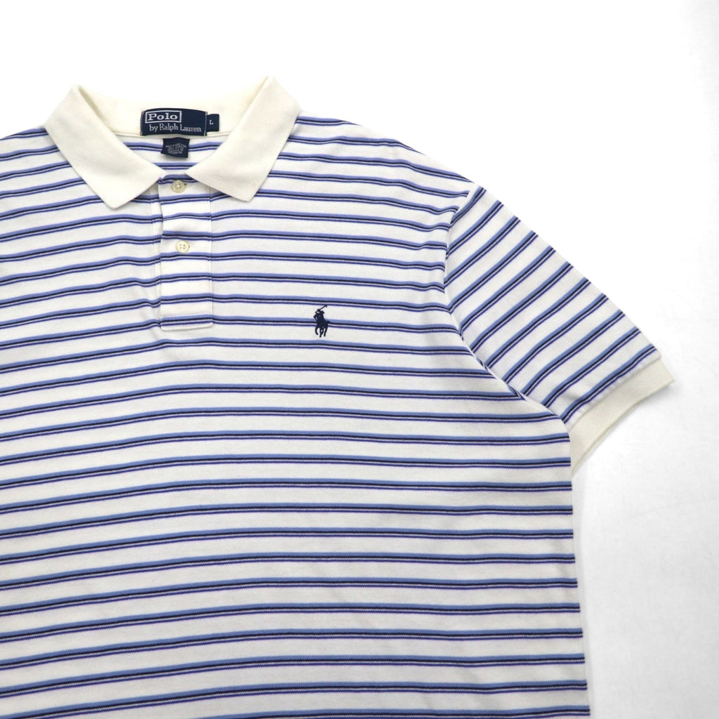 Polo by Ralph Lauren anni '90, maglietta polo a righe, taglia L, bianca e blu, in cotone con ricamo piccolo pony.
