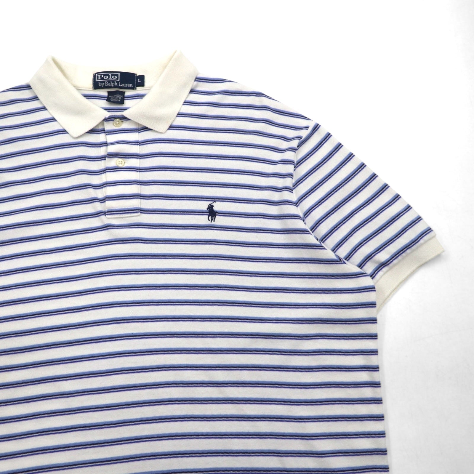 Polo by Ralph Lauren anni '90, maglietta polo a righe, taglia L, bianca e blu, in cotone con ricamo piccolo pony.