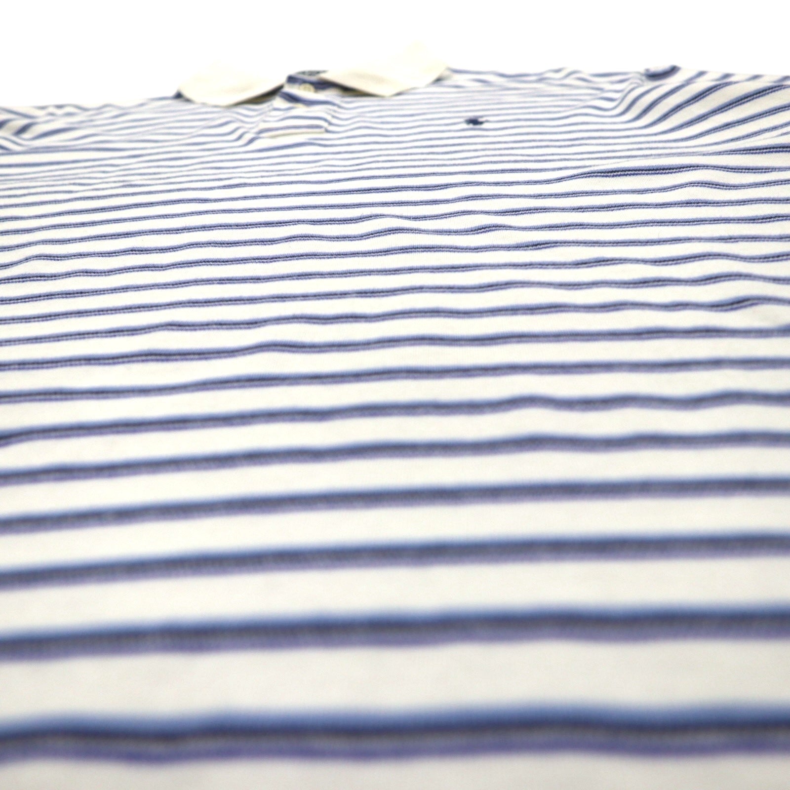 Polo by Ralph Lauren anni '90, maglietta polo a righe, taglia L, bianca e blu, in cotone con ricamo piccolo pony.