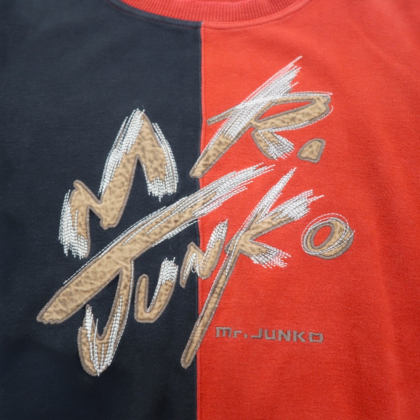 Mr.JUNKO Anni '90 Felpa L Rosso Nero Bicolore Cotone Logo Ricamato Fatto in Giappone