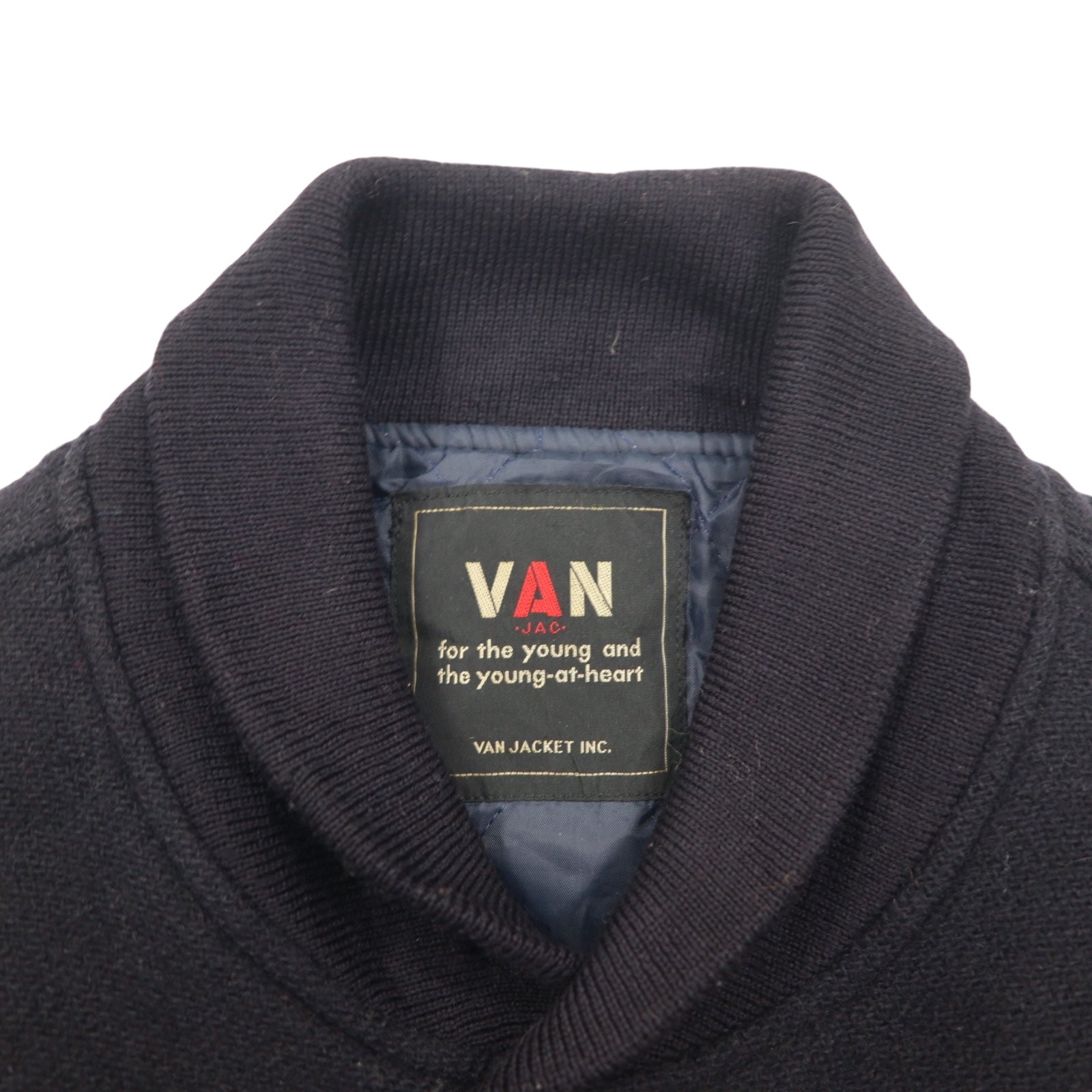 VAN -JAC- Anni '80 Giacca college maniche in pelle L blu navy lana pelle bovina prodotta in Giappone