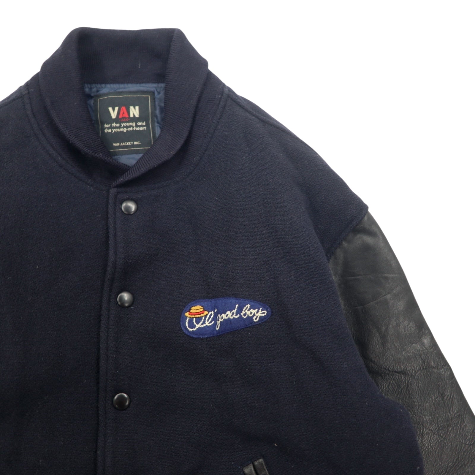 VAN -JAC- Anni '80 Giacca college maniche in pelle L blu navy lana pelle bovina prodotta in Giappone