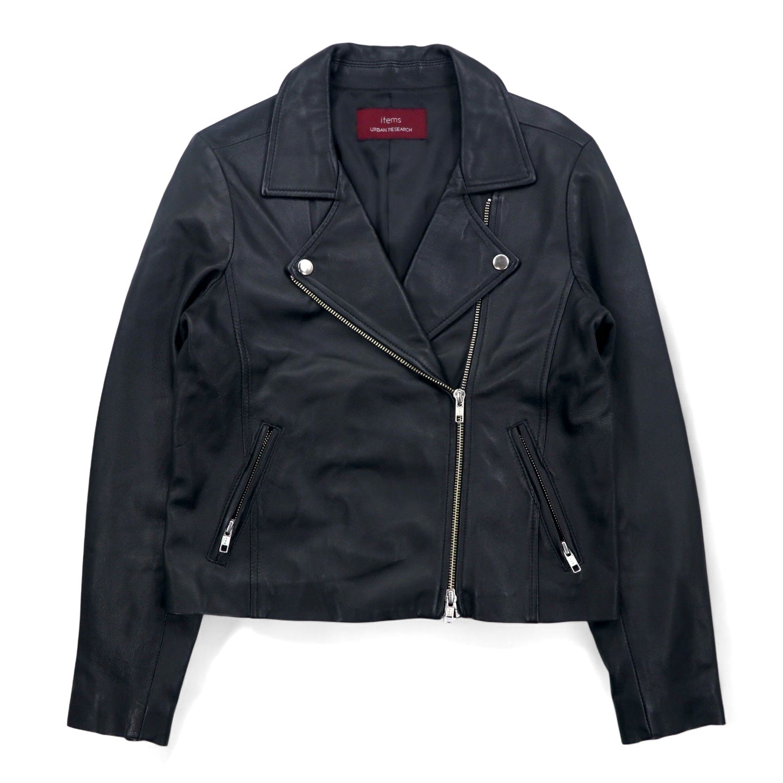 items URBAN RESEARCH Giacca chiodo in pelle di agnello, doppio petto, taglia S, colore nero, cerniera a doppio cursore WH73-27M001