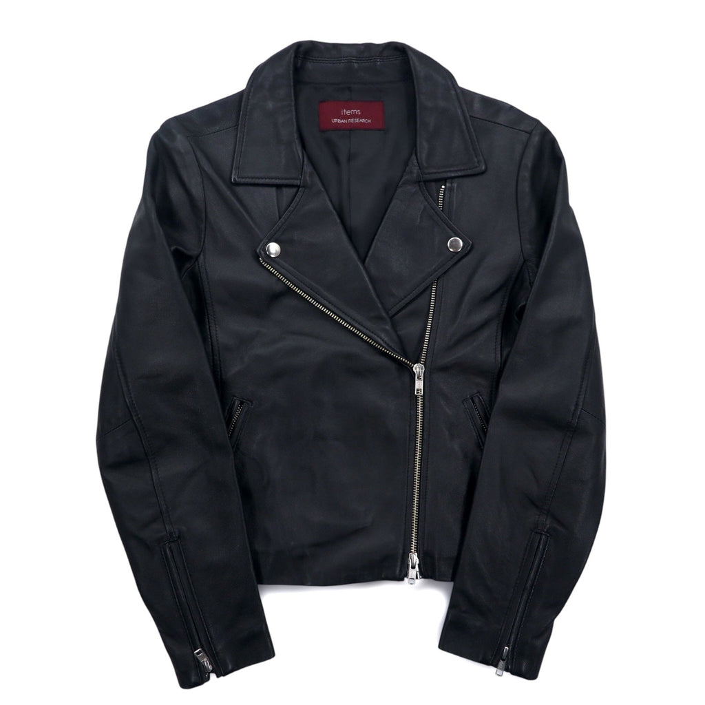 items URBAN RESEARCH Giacca chiodo in pelle di agnello, doppio petto, taglia S, colore nero, cerniera a doppio cursore WH73-27M001