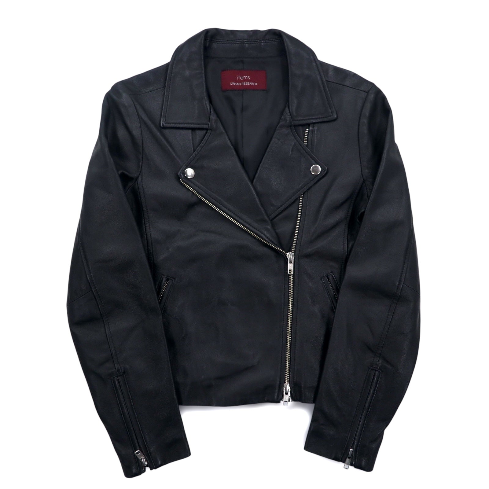 items URBAN RESEARCH Giacca chiodo in pelle di agnello, doppio petto, taglia S, colore nero, cerniera a doppio cursore WH73-27M001