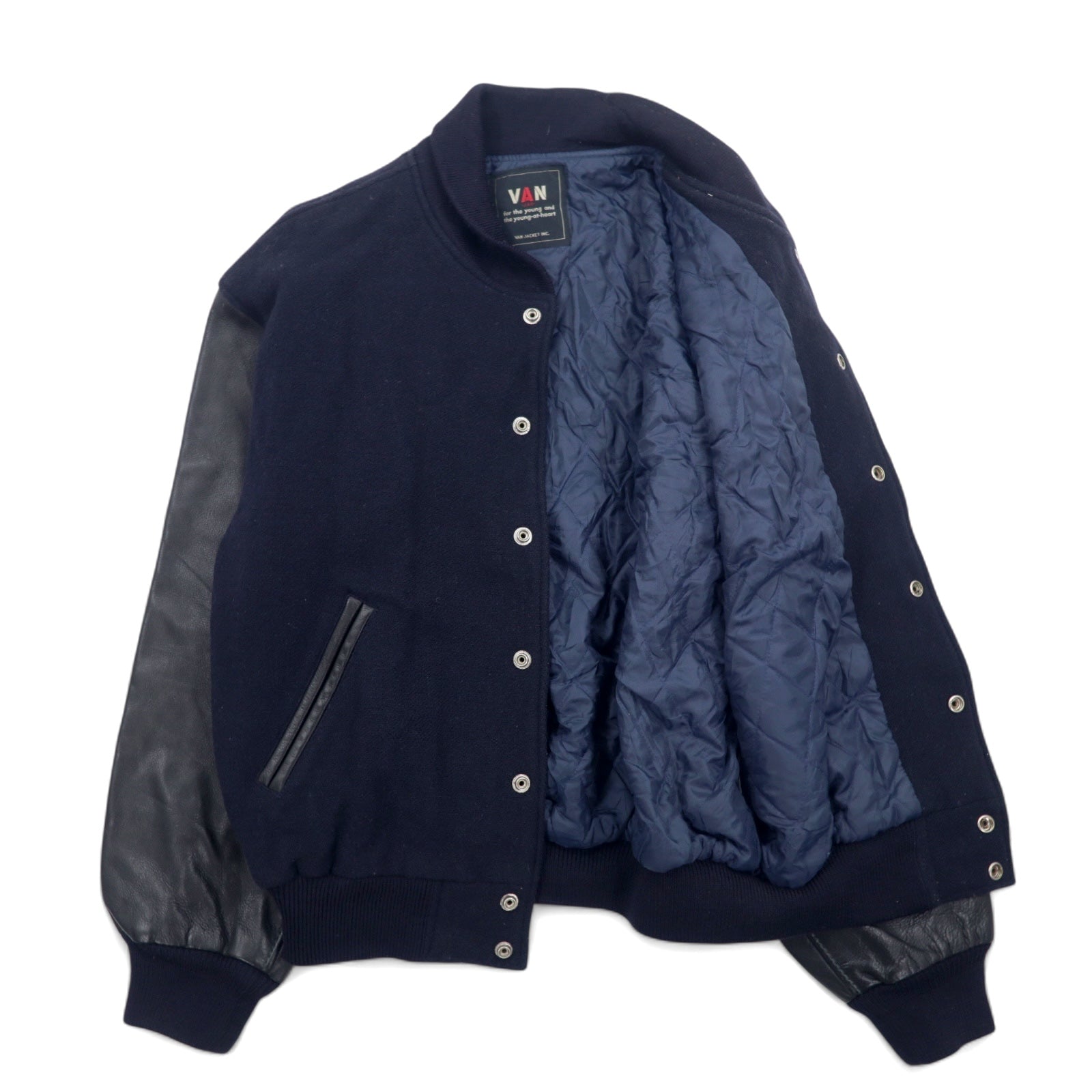 VAN -JAC- Anni '80 Giacca college maniche in pelle L blu navy lana pelle bovina prodotta in Giappone