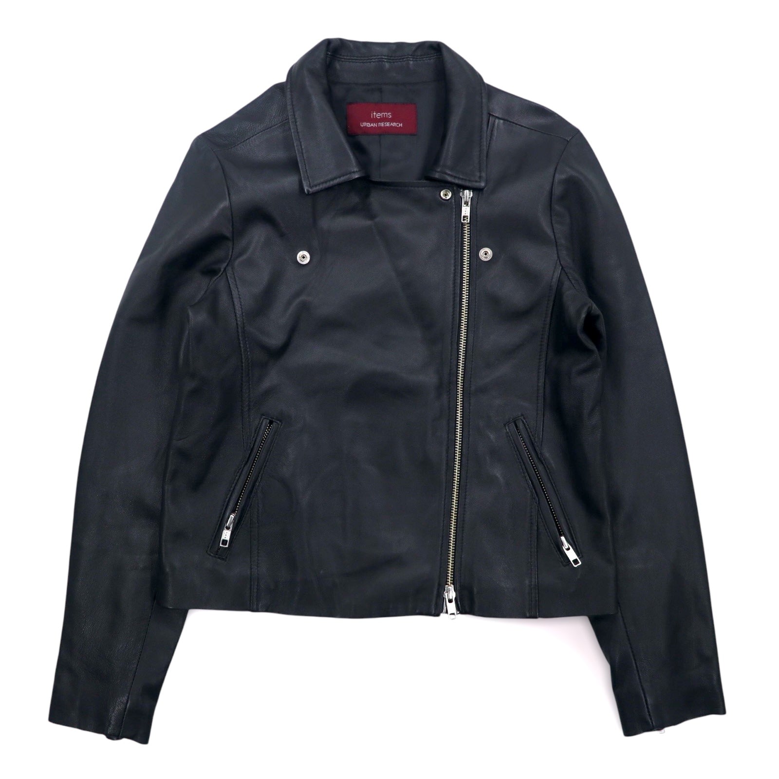 items URBAN RESEARCH Giacca chiodo in pelle di agnello, doppio petto, taglia S, colore nero, cerniera a doppio cursore WH73-27M001