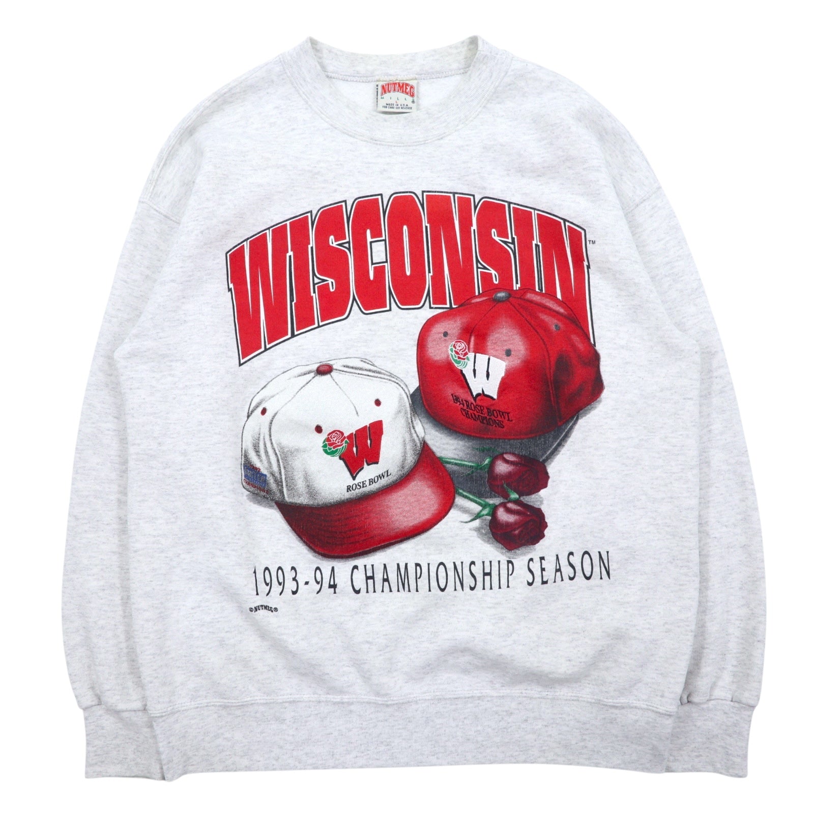 Felpa stampata da football americano NUTMEG, anni '90, made in USA, taglia L, grigia, cotone, WISCONSIN ROSE BOWL