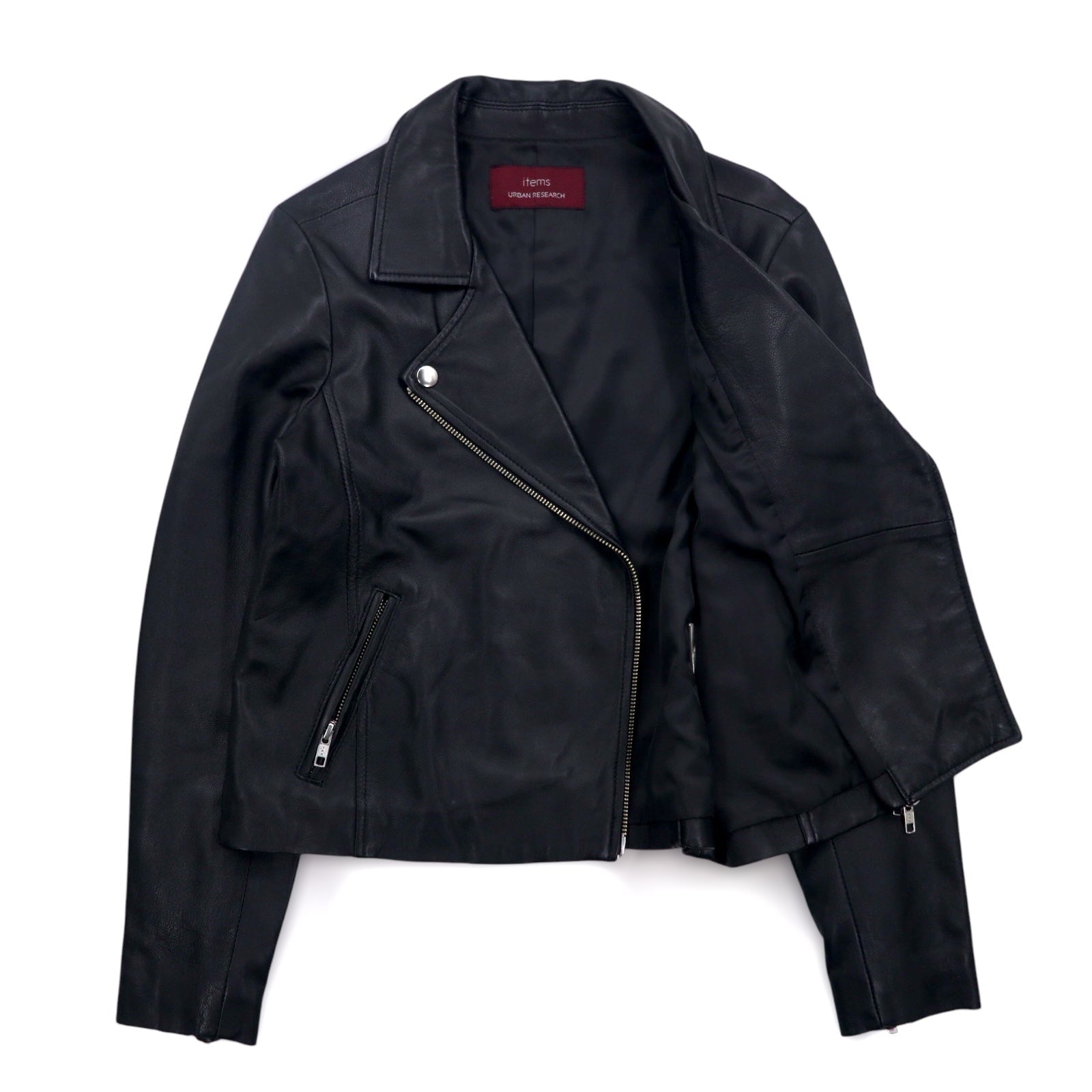 items URBAN RESEARCH Giacca chiodo in pelle di agnello, doppio petto, taglia S, colore nero, cerniera a doppio cursore WH73-27M001