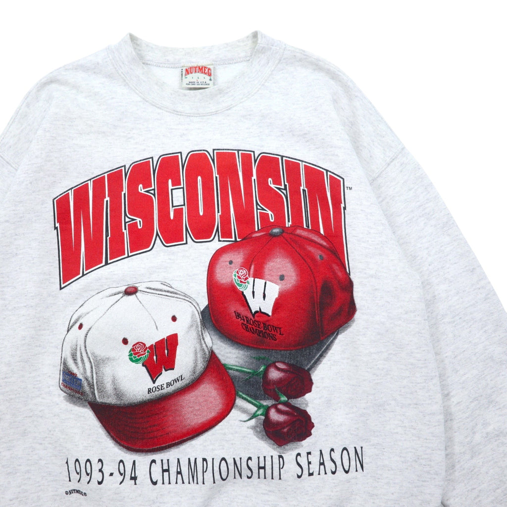 Felpa stampata da football americano NUTMEG, anni '90, made in USA, taglia L, grigia, cotone, WISCONSIN ROSE BOWL