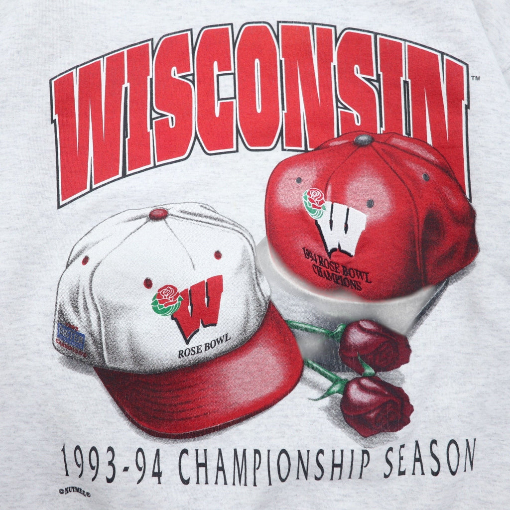 Felpa stampata da football americano NUTMEG, anni '90, made in USA, taglia L, grigia, cotone, WISCONSIN ROSE BOWL