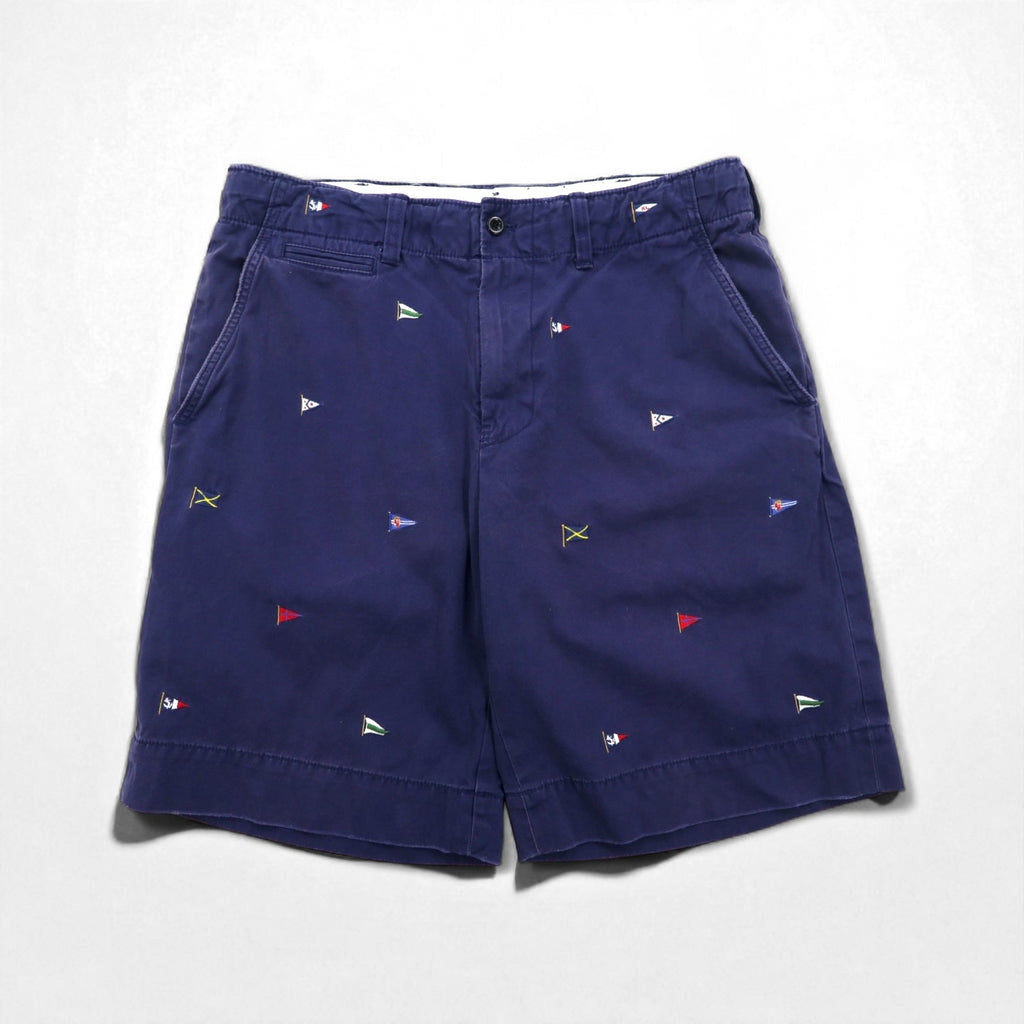 Polo by Ralph Lauren Pantaloncini corti di chino ricamati con bandiera anni '90, taglia L, blu navy, fantasia