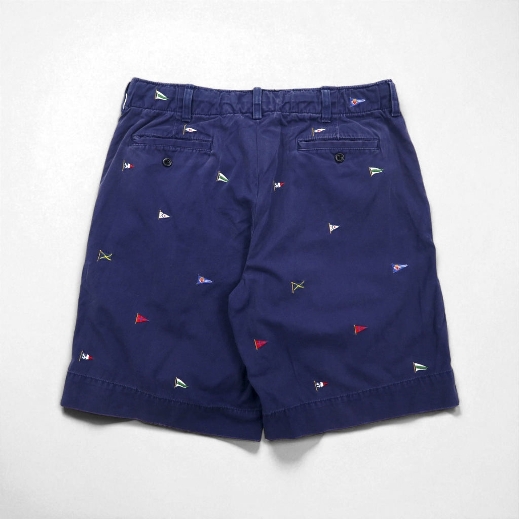 Polo by Ralph Lauren Pantaloncini corti di chino ricamati con bandiera anni '90, taglia L, blu navy, fantasia
