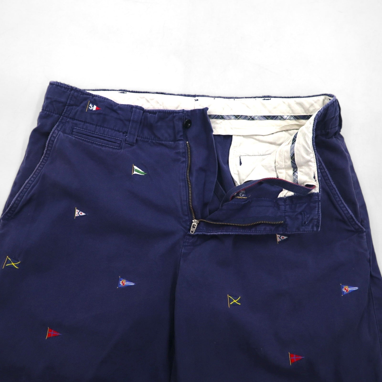 Polo by Ralph Lauren Pantaloncini corti di chino ricamati con bandiera anni '90, taglia L, blu navy, fantasia