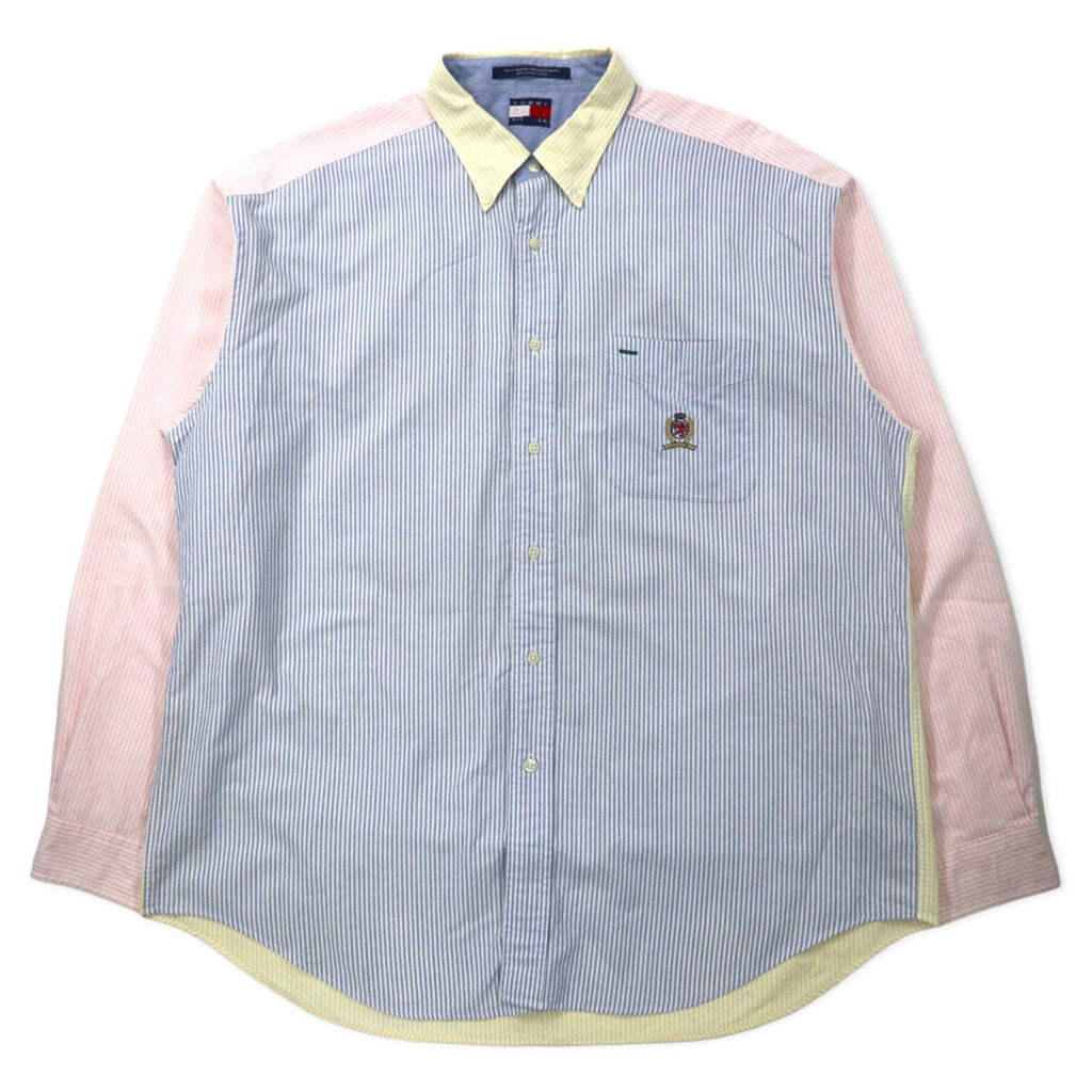 TOMMY HILFIGER anni '90, camicia button-down oxford a righe multicolore, XL, cotone, logo ricamato, oversize