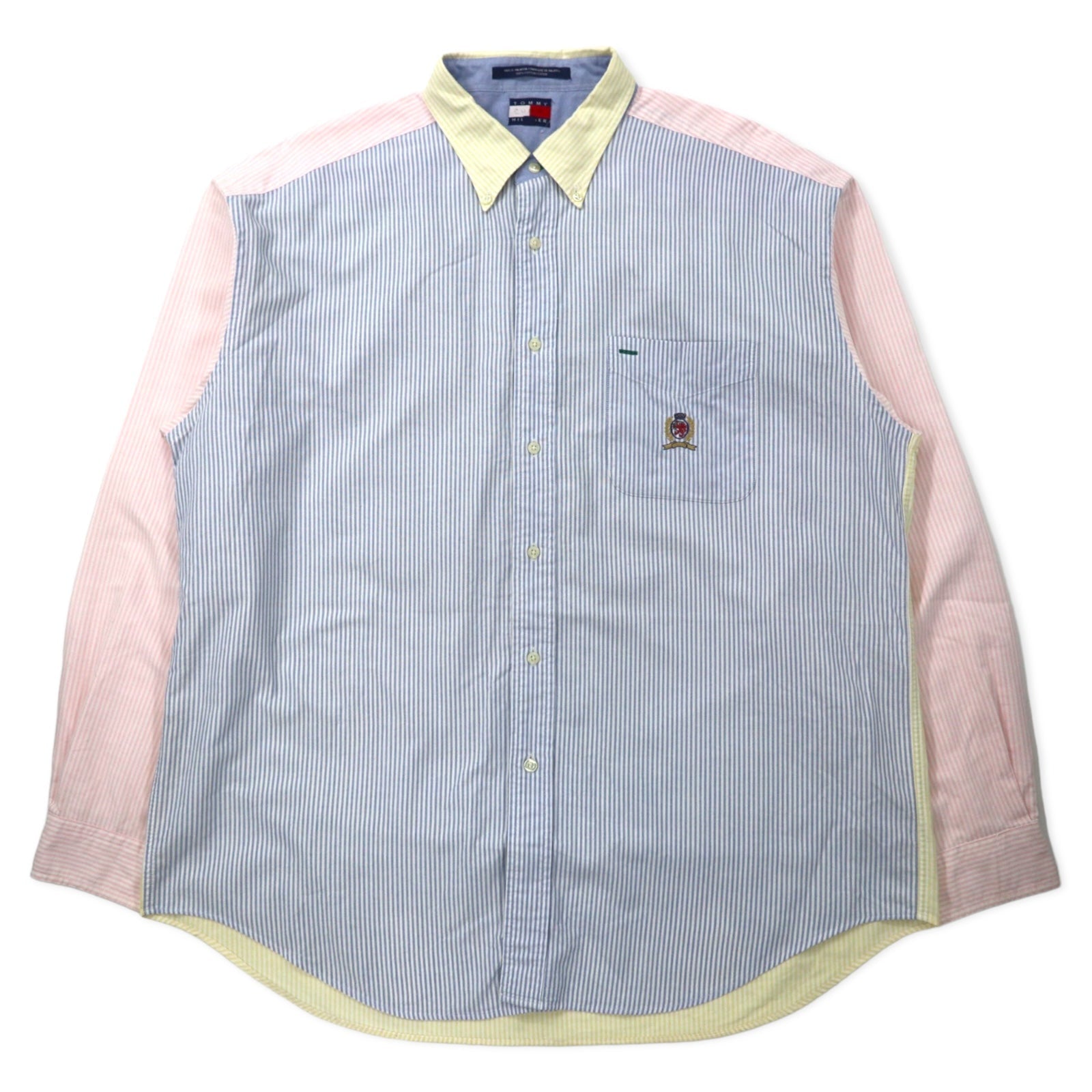 TOMMY HILFIGER anni '90, camicia button-down oxford a righe multicolore, XL, cotone, logo ricamato, oversize
