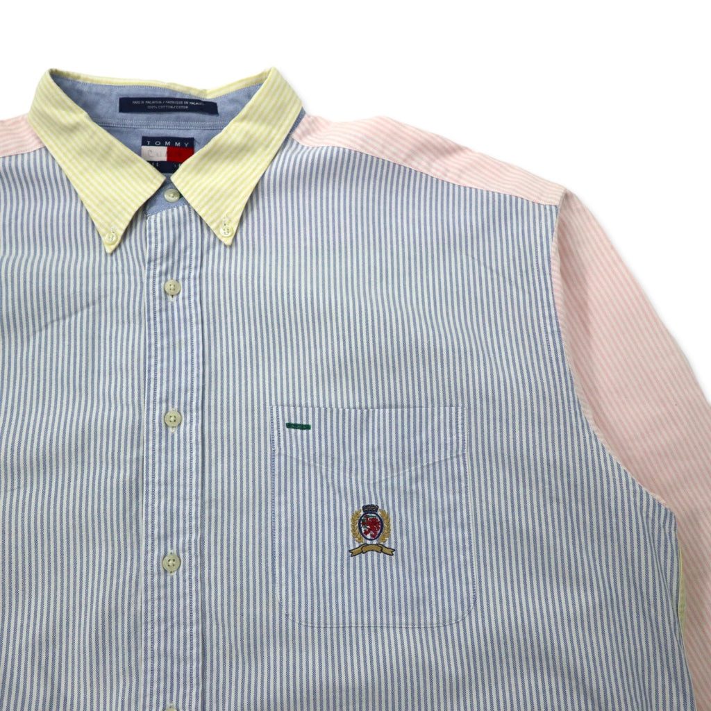 TOMMY HILFIGER anni '90, camicia button-down oxford a righe multicolore, XL, cotone, logo ricamato, oversize