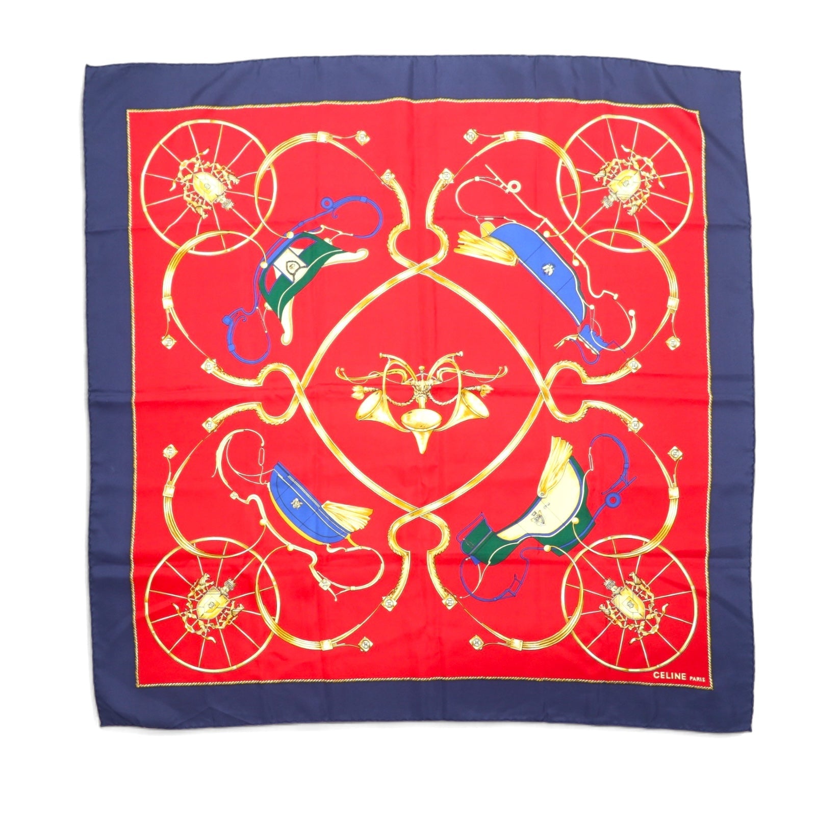 CELINE Foulard grande, Italia, rosso, blu marino, motivo all-over, seta, stemma