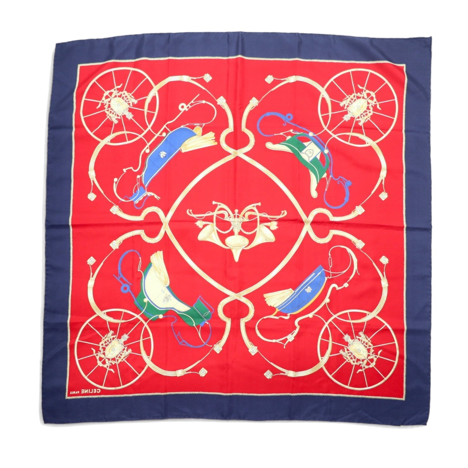 CELINE Foulard grande, Italia, rosso, blu marino, motivo all-over, seta, stemma