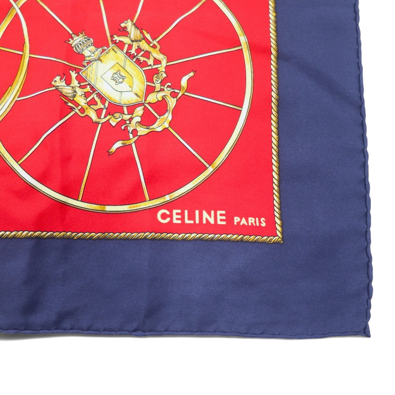CELINE Foulard grande, Italia, rosso, blu marino, motivo all-over, seta, stemma