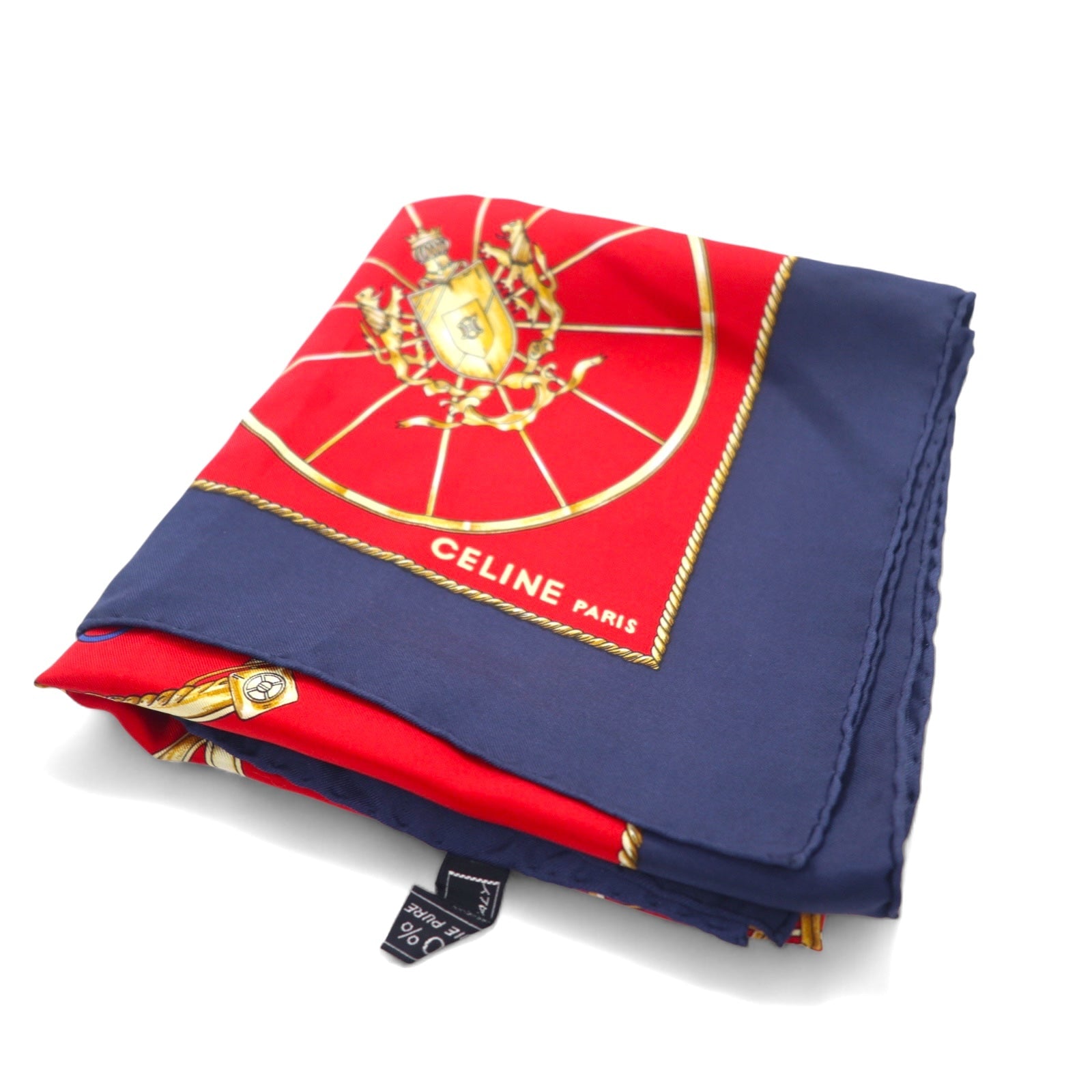 CELINE Foulard grande, Italia, rosso, blu marino, motivo all-over, seta, stemma