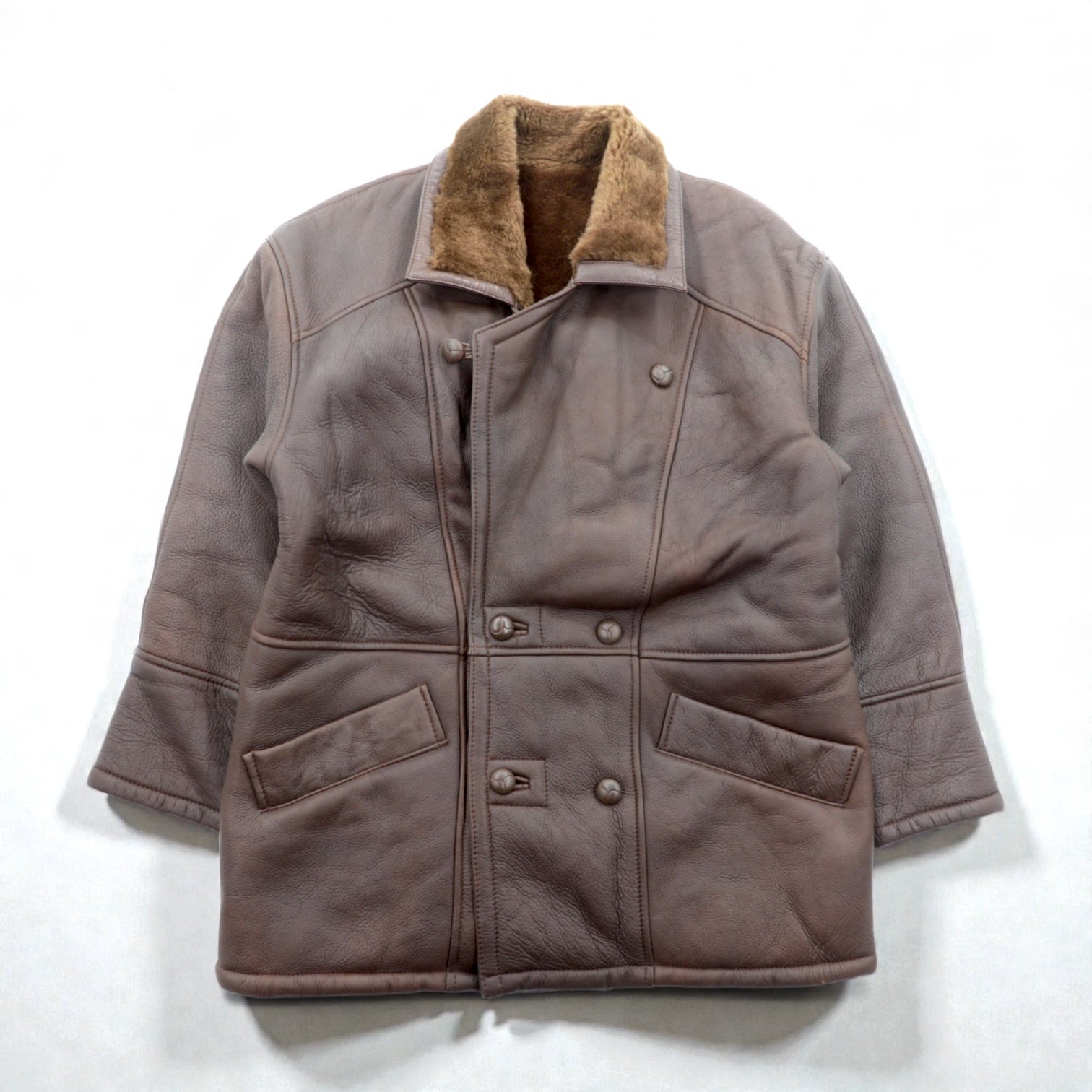 80s Vintage Shearling Coat ダブルブレスト ムートンコート レザージャケット XL ボア 羊毛革くるみボタン