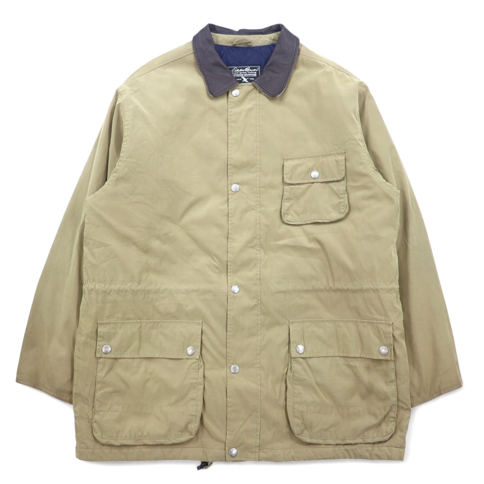 Eddie Bauer anni '90 giacca da caccia in tessuto "peach skin" XL beige, poliestere, collo in pelle, coulisse, fodera trapuntata