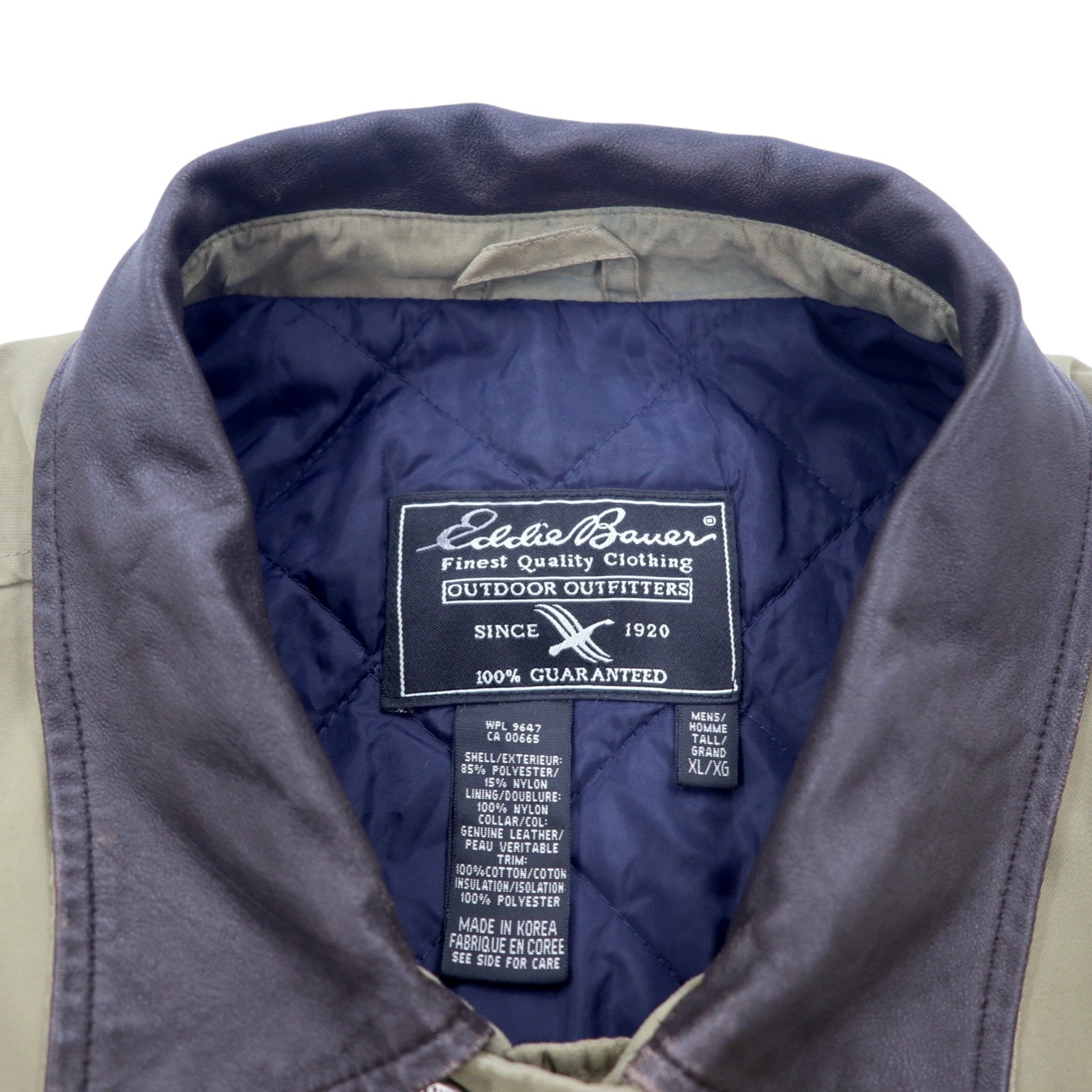 Eddie Bauer anni '90 giacca da caccia in tessuto "peach skin" XL beige, poliestere, collo in pelle, coulisse, fodera trapuntata