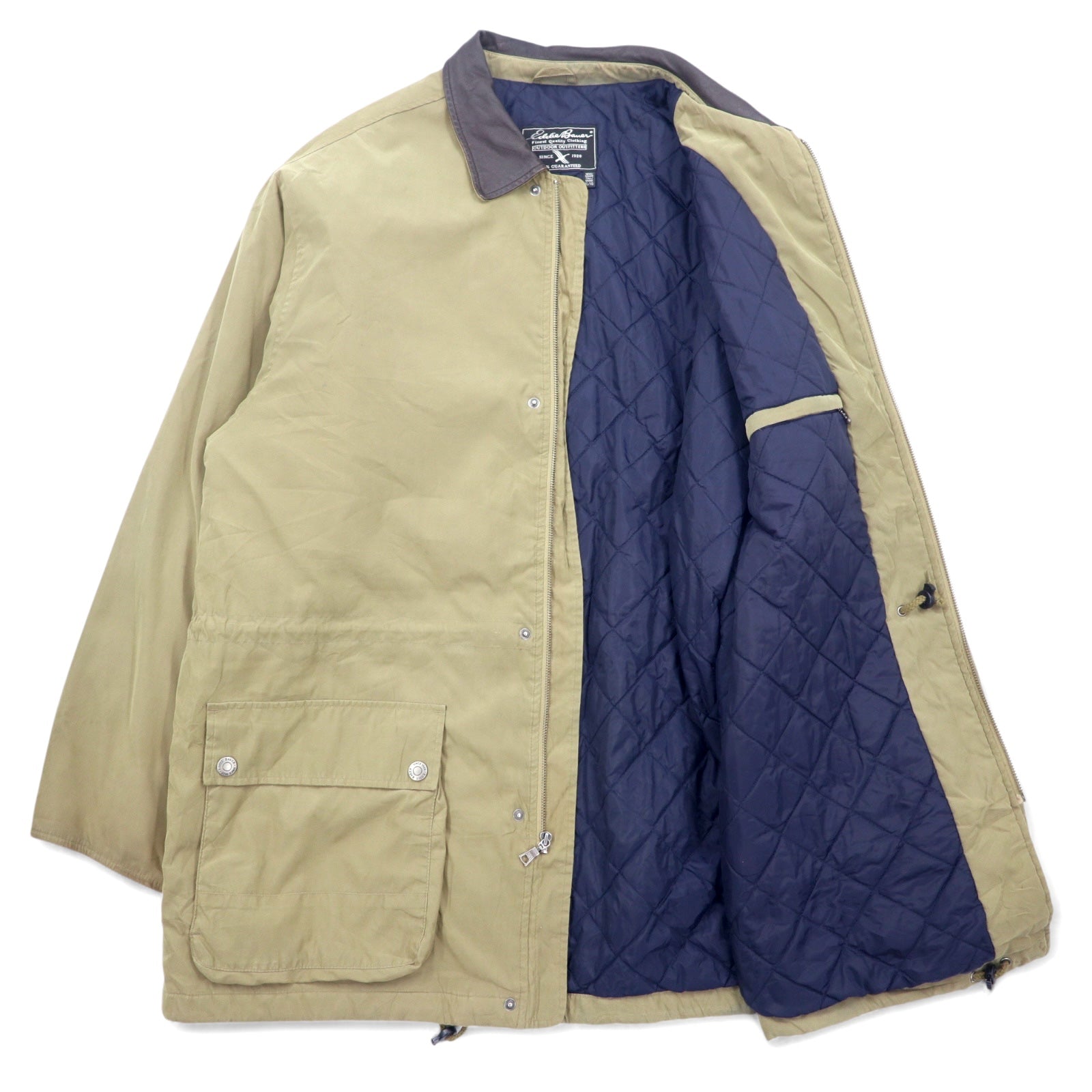 Eddie Bauer anni '90 giacca da caccia in tessuto "peach skin" XL beige, poliestere, collo in pelle, coulisse, fodera trapuntata