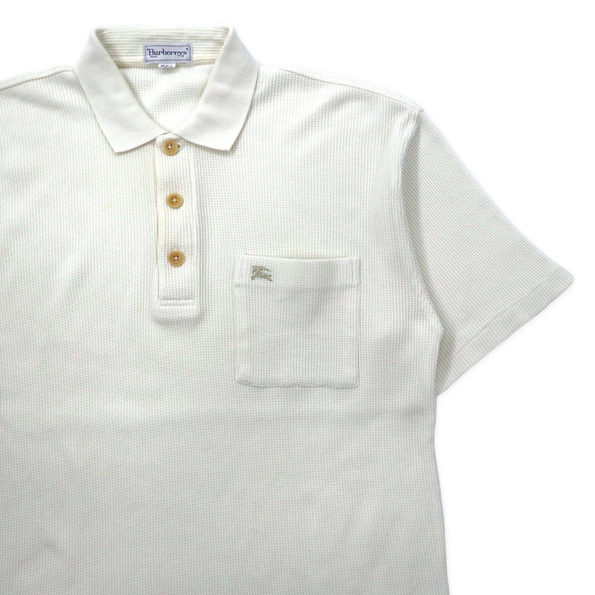 Polo Burberrys waffle M bianco cotone con logo a punto singolo vecchio fabbricazione giapponese