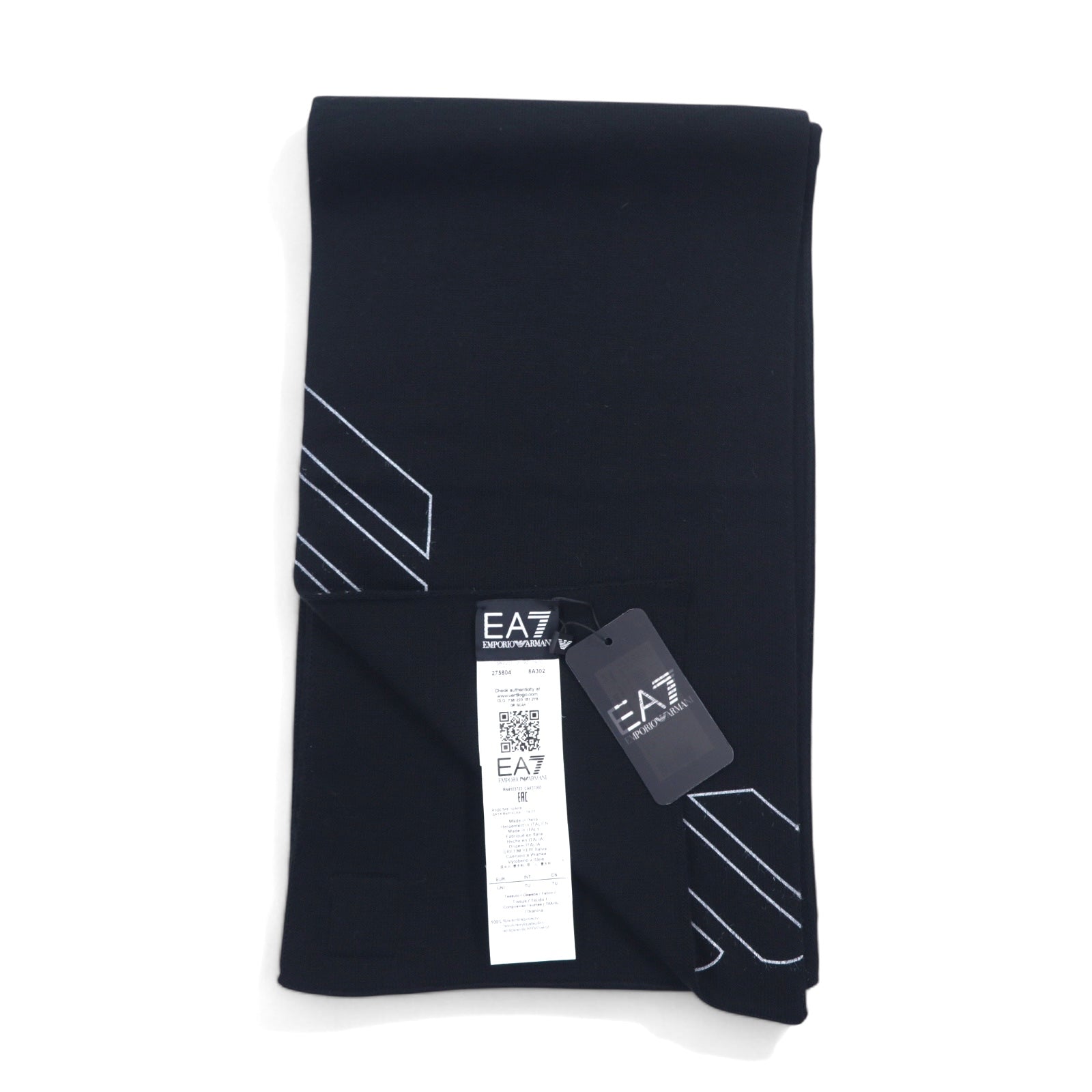 EMPORIO ARMANI Sciarpa con stampa logo nera in acrilico Made in Italy 275804 8A302 Nuova con etichette