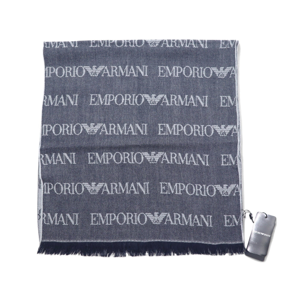 EMPORIO ARMANI Sciarpa reversibile in lana, motivo monogramma, logo all-over, blu navy, grigio, 625053 CC786, inutilizzata, fabbricata in Italia