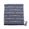 EMPORIO ARMANI Sciarpa reversibile in lana, motivo monogramma, logo all-over, blu navy, grigio, 625053 CC786, inutilizzata, fabbricata in Italia