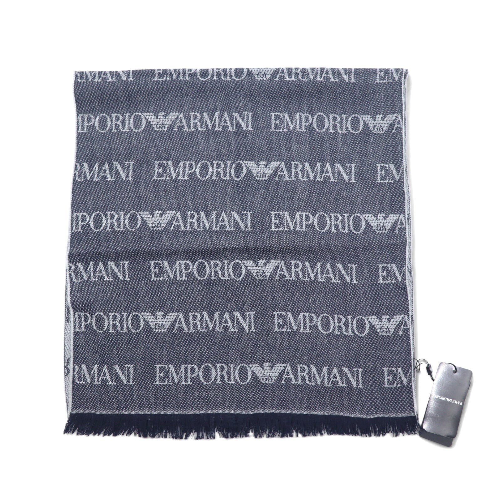 EMPORIO ARMANI Sciarpa reversibile in lana, motivo monogramma, logo all-over, blu navy, grigio, 625053 CC786, inutilizzata, fabbricata in Italia