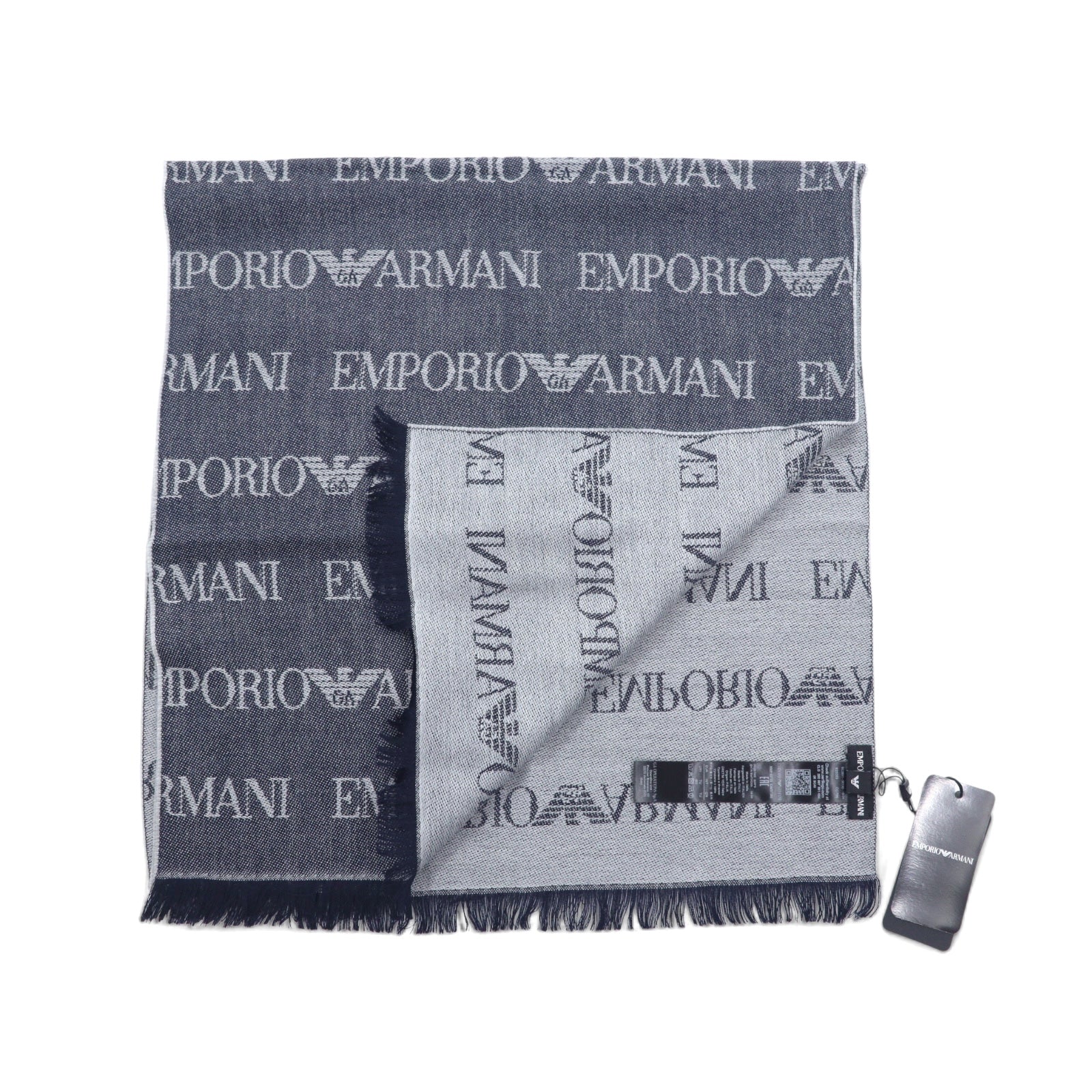 EMPORIO ARMANI Sciarpa reversibile in lana, motivo monogramma, logo all-over, blu navy, grigio, 625053 CC786, inutilizzata, fabbricata in Italia