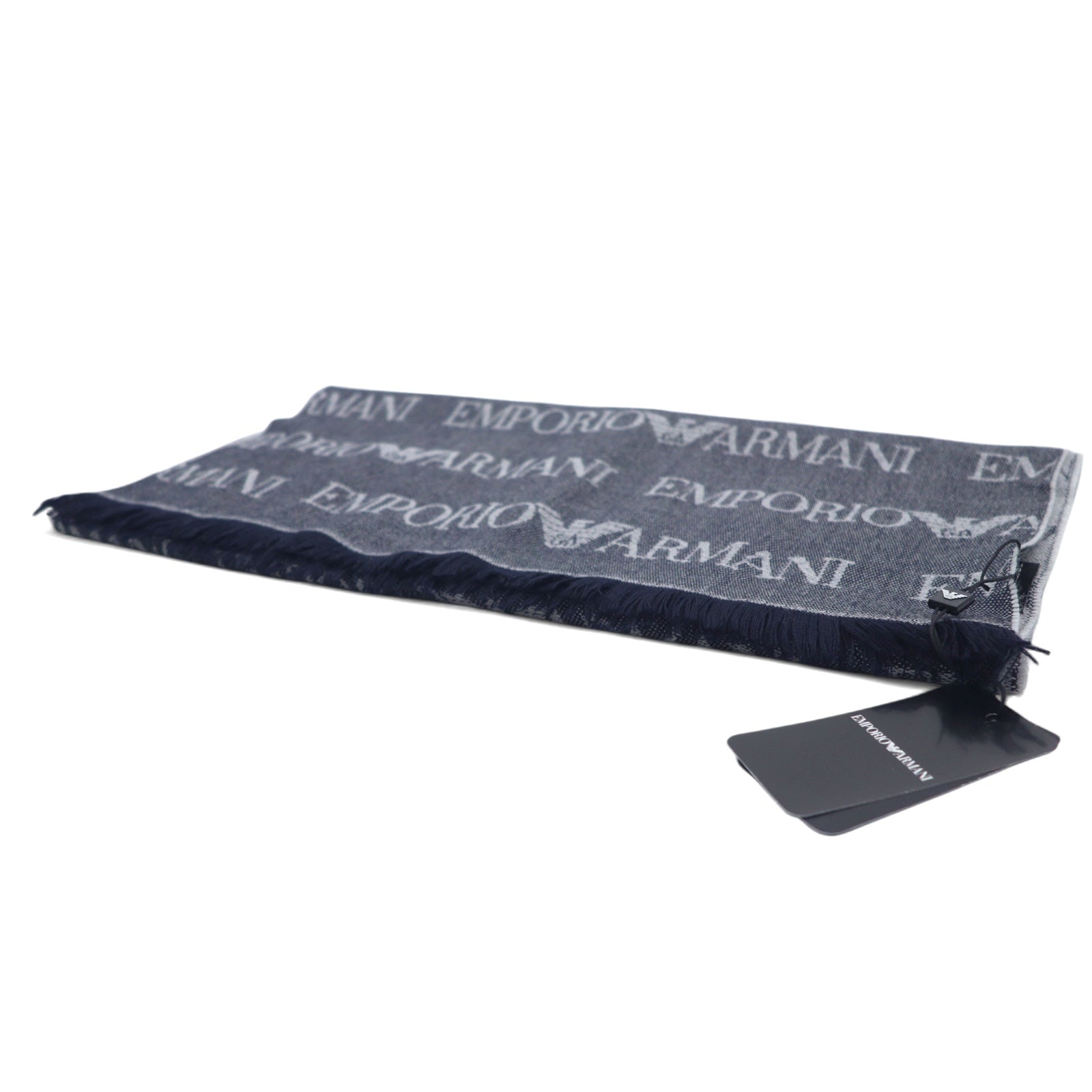 EMPORIO ARMANI Sciarpa reversibile in lana, motivo monogramma, logo all-over, blu navy, grigio, 625053 CC786, inutilizzata, fabbricata in Italia