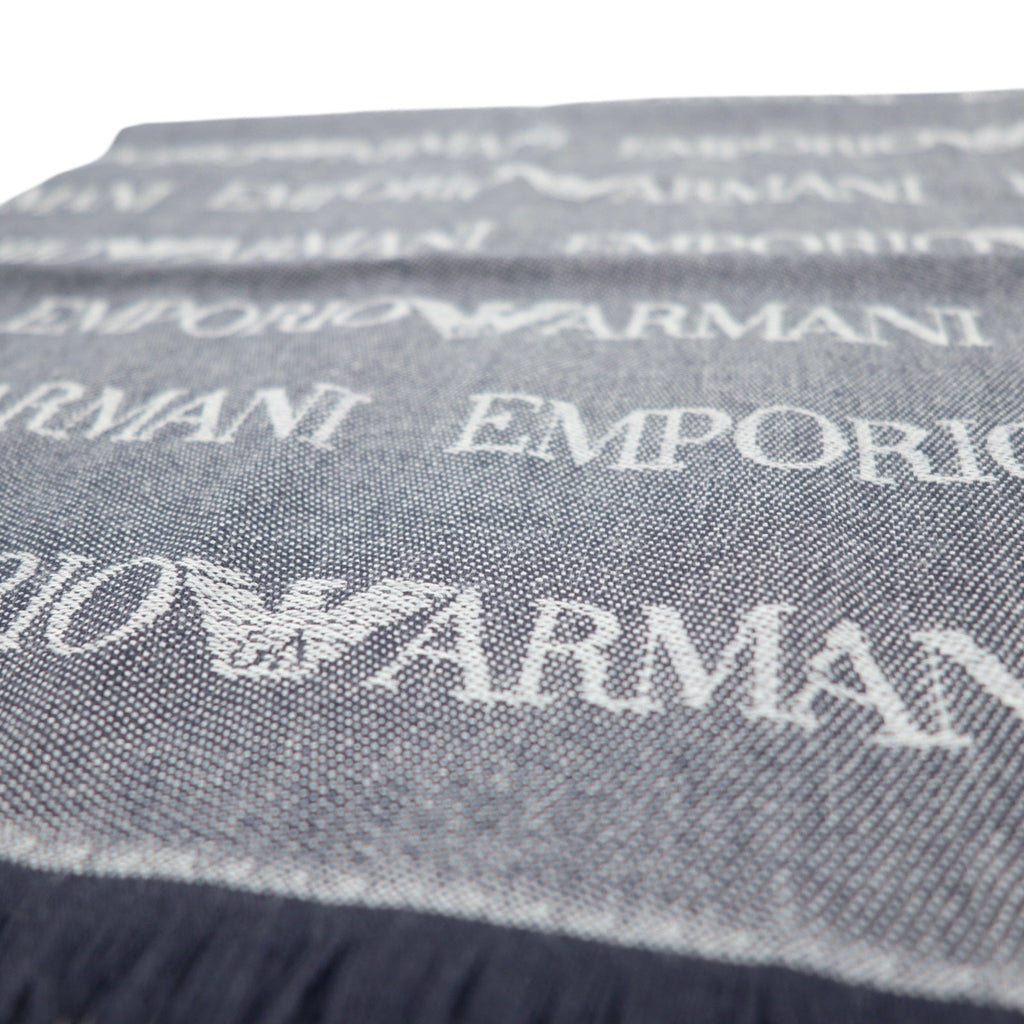 EMPORIO ARMANI Sciarpa reversibile in lana, motivo monogramma, logo all-over, blu navy, grigio, 625053 CC786, inutilizzata, fabbricata in Italia