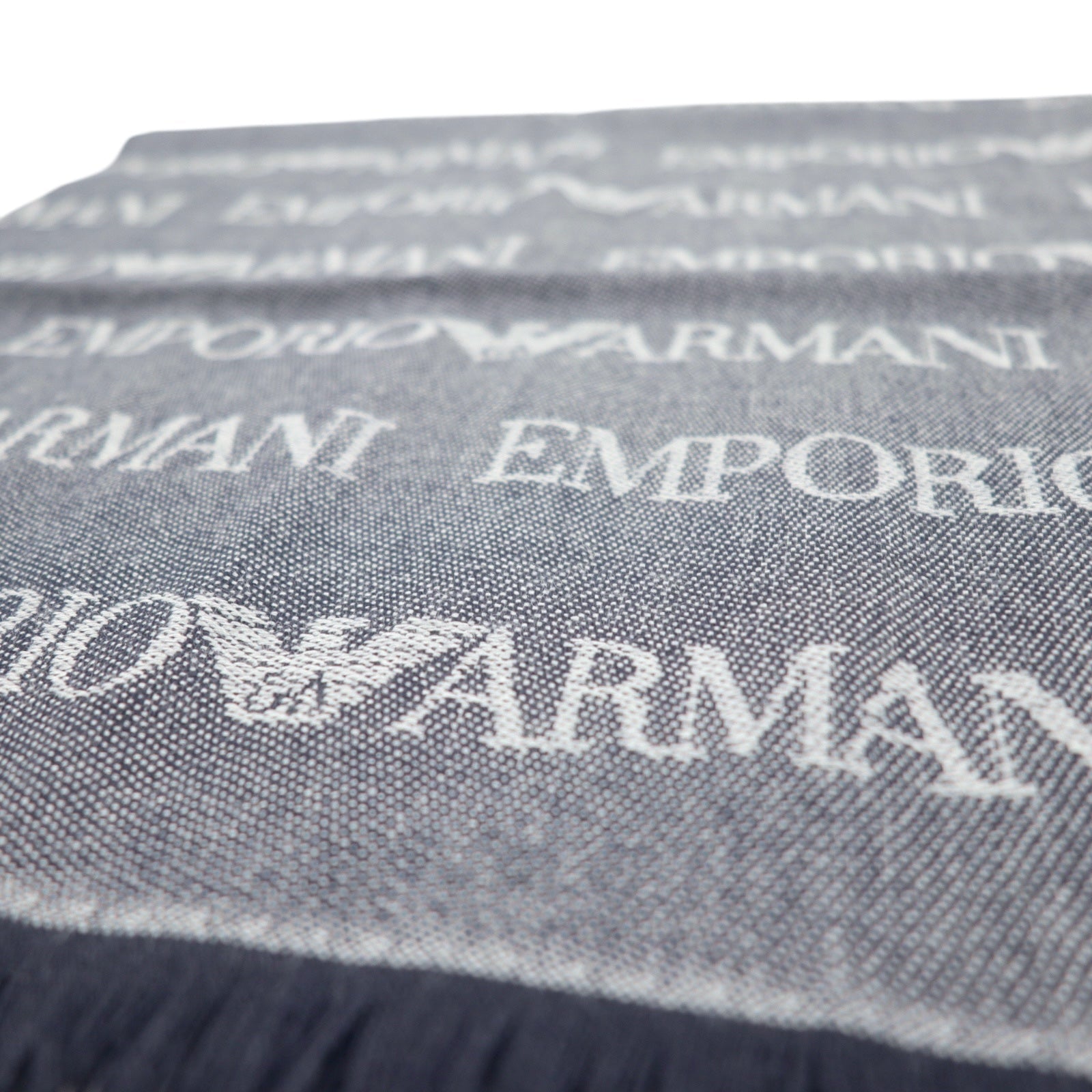 EMPORIO ARMANI Sciarpa reversibile in lana, motivo monogramma, logo all-over, blu navy, grigio, 625053 CC786, inutilizzata, fabbricata in Italia