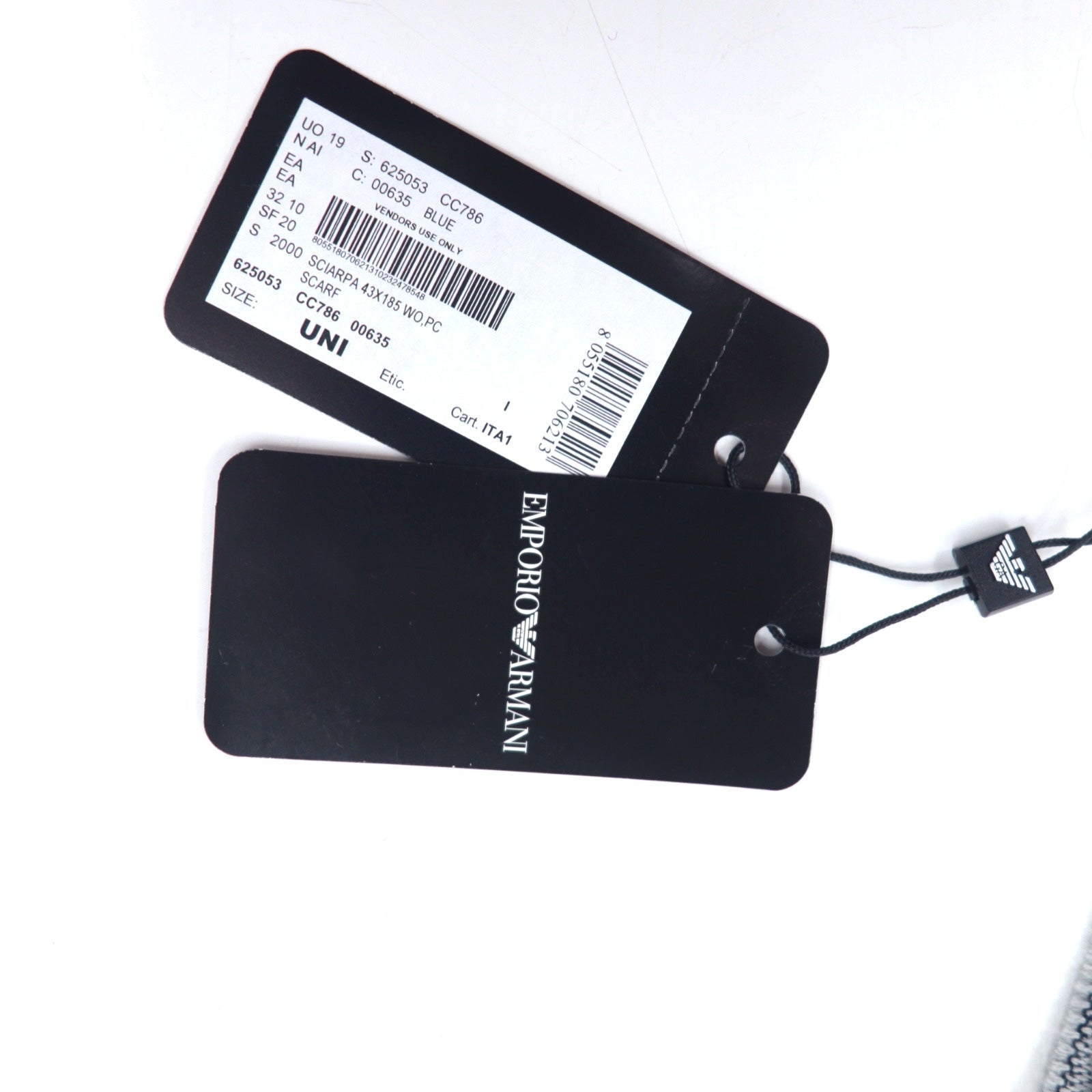 EMPORIO ARMANI Sciarpa reversibile in lana, motivo monogramma, logo all-over, blu navy, grigio, 625053 CC786, inutilizzata, fabbricata in Italia