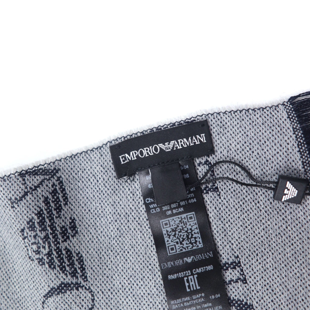 EMPORIO ARMANI Sciarpa reversibile in lana, motivo monogramma, logo all-over, blu navy, grigio, 625053 CC786, inutilizzata, fabbricata in Italia