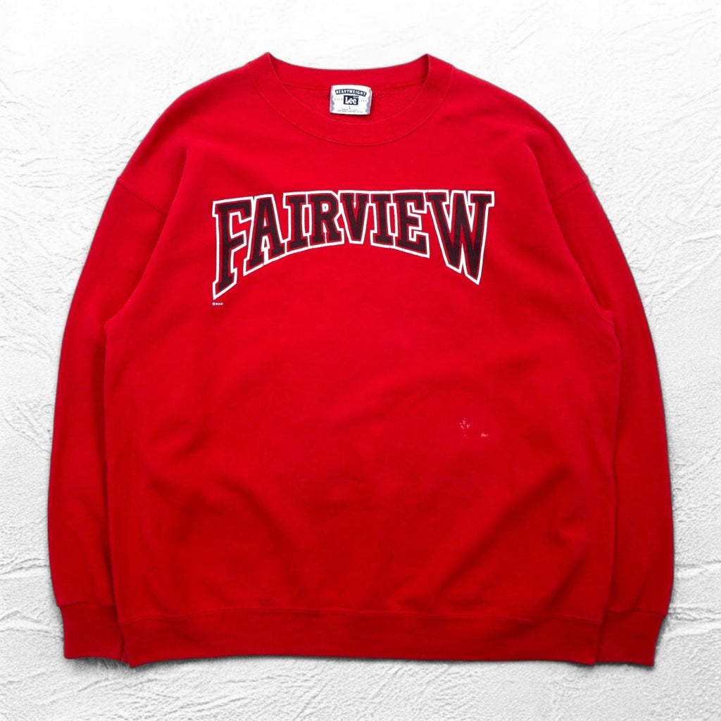 Lee Anni '90 USA Made Felpa stampata FAIRVIEW L Rossa Cotone Felpata Logo ad arco