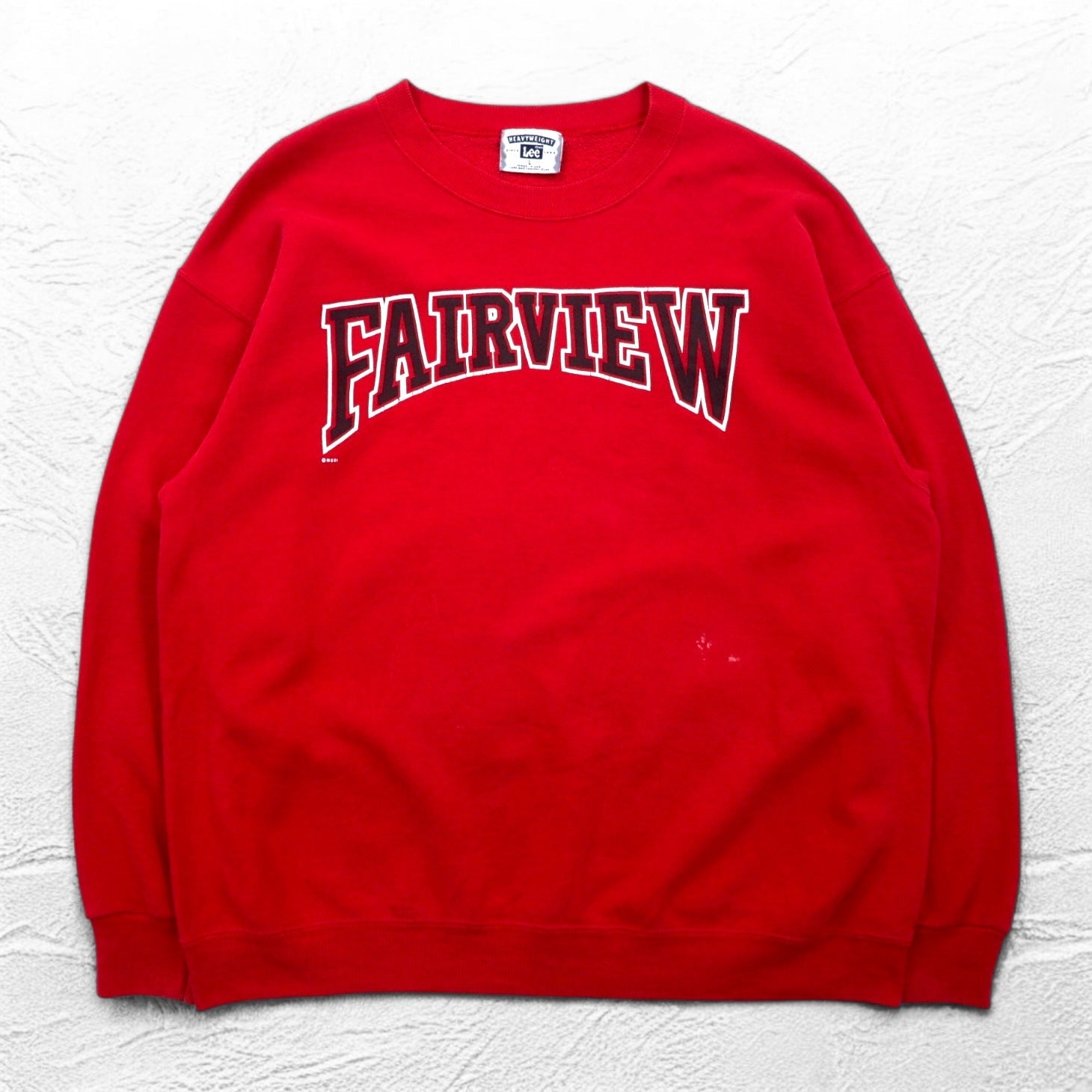 Lee Anni '90 USA Made Felpa stampata FAIRVIEW L Rossa Cotone Felpata Logo ad arco