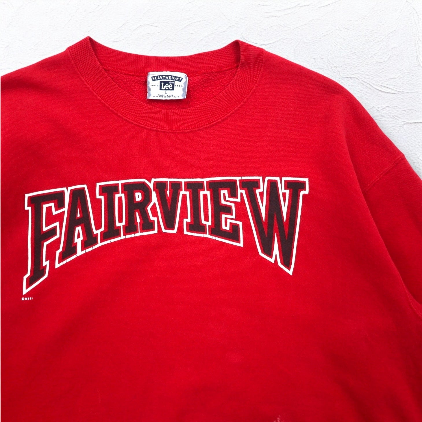 Lee Anni '90 USA Made Felpa stampata FAIRVIEW L Rossa Cotone Felpata Logo ad arco